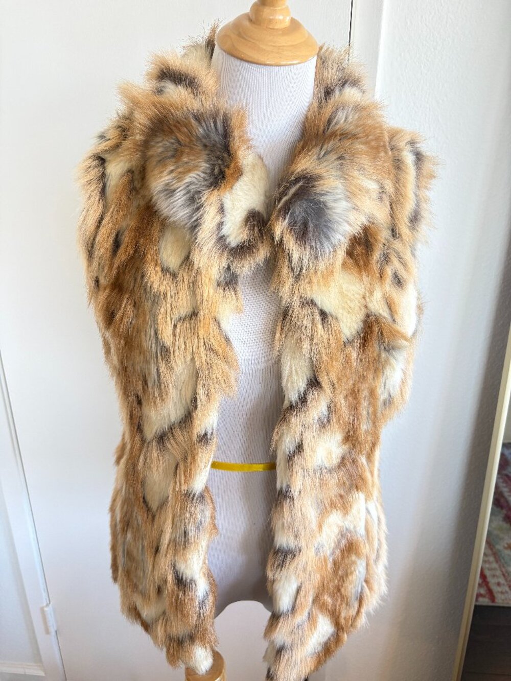 Patchwork Faux Fur Long Vest Brown Cream Black XXS
